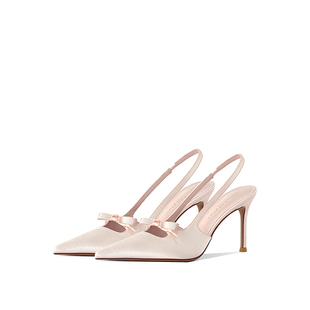 2025新款粉色仙女风镂空蝴蝶结高跟鞋女法式缎面尖头后空绝美凉鞋