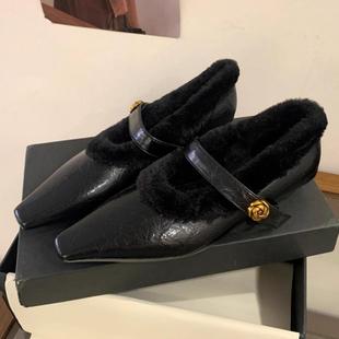 小香风复古坡跟毛毛鞋女冬新款一字带加绒保暖粗跟方头浅口单鞋女