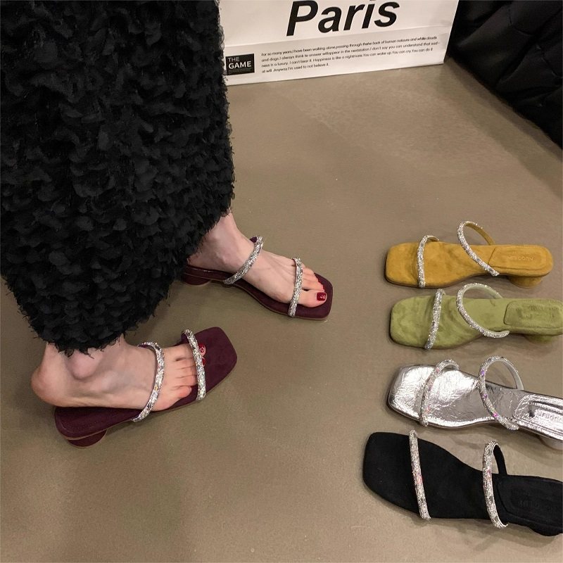 法式小跟凉拖外穿女鞋子2025年春夏新款粗跟配裙子水钻黑色凉鞋女,女鞋,一字拖,淘宝优惠券,粉丝福利购,淘宝优惠卷
