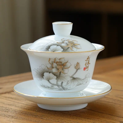 轻奢冰种玉瓷素烧羊脂玉白瓷茶具