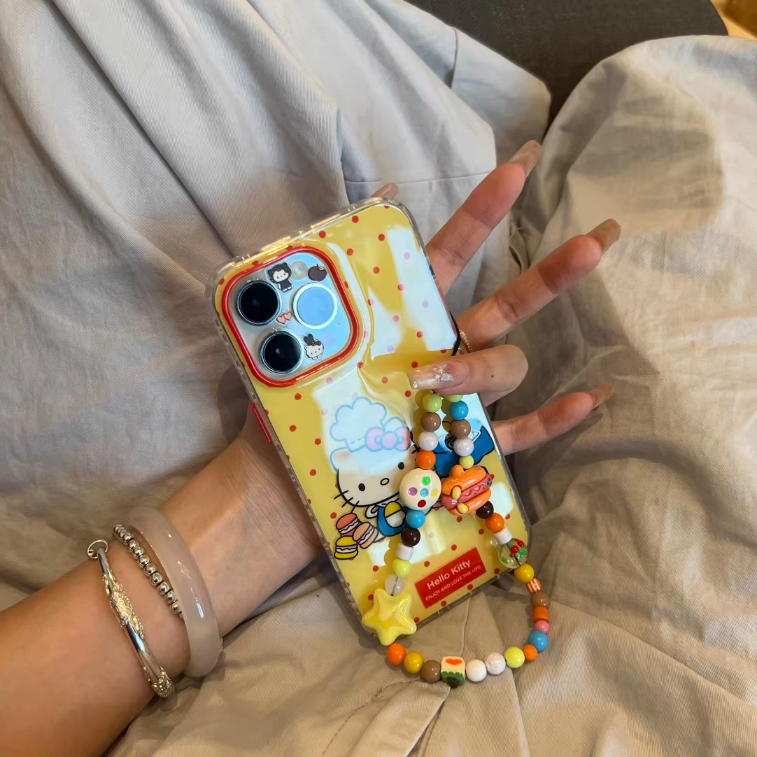 黄色波点哈喽kt猫适用iPhone16promax壳苹果15promax黄色波点厨房HelloKitty猫13大孔12/11硅胶14plus保护套