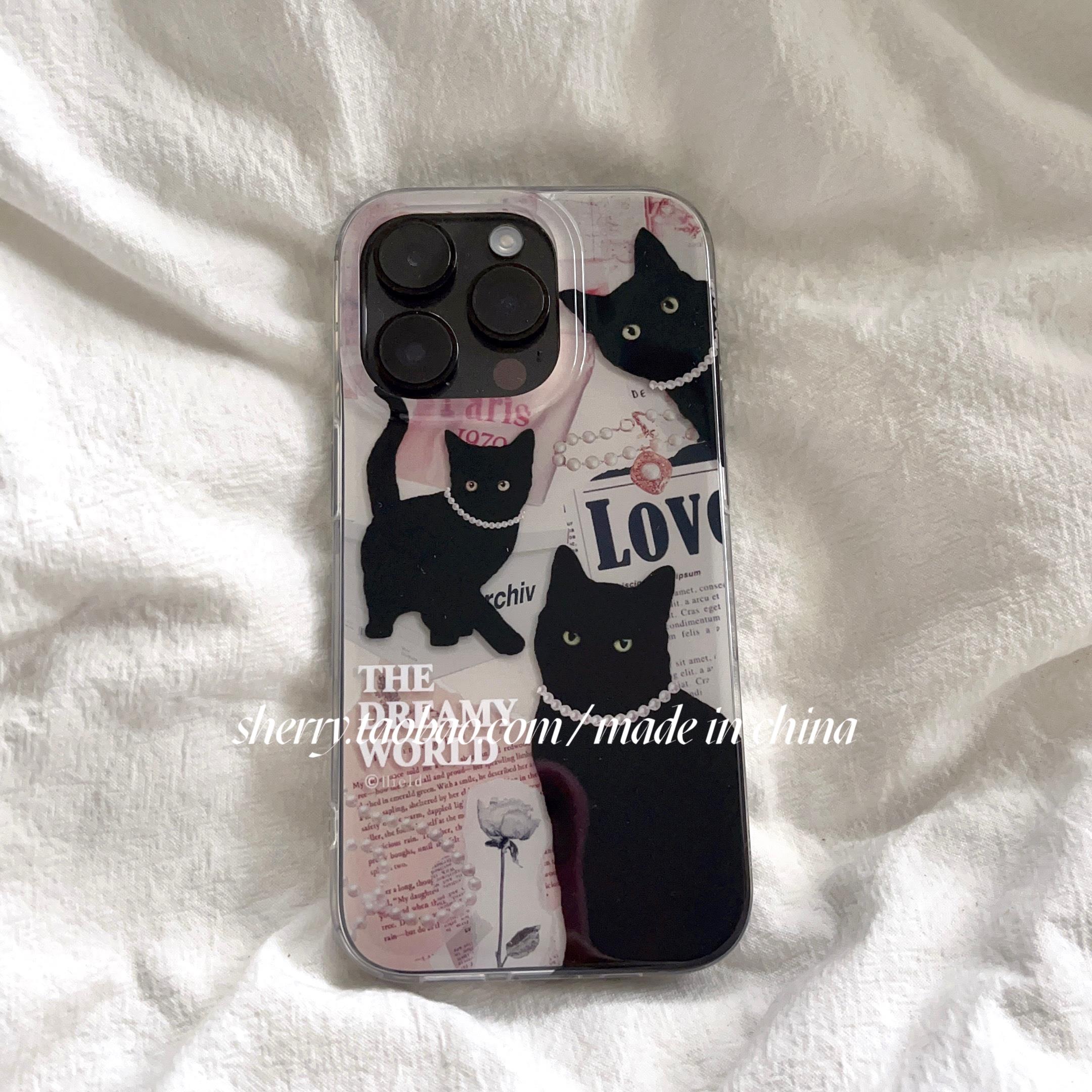 韩系高级感复古报纸黑色小猫咪适用于iphone15promax手机壳苹果14小众13可爱12Promax卡通7/8pm情侣夏日新款