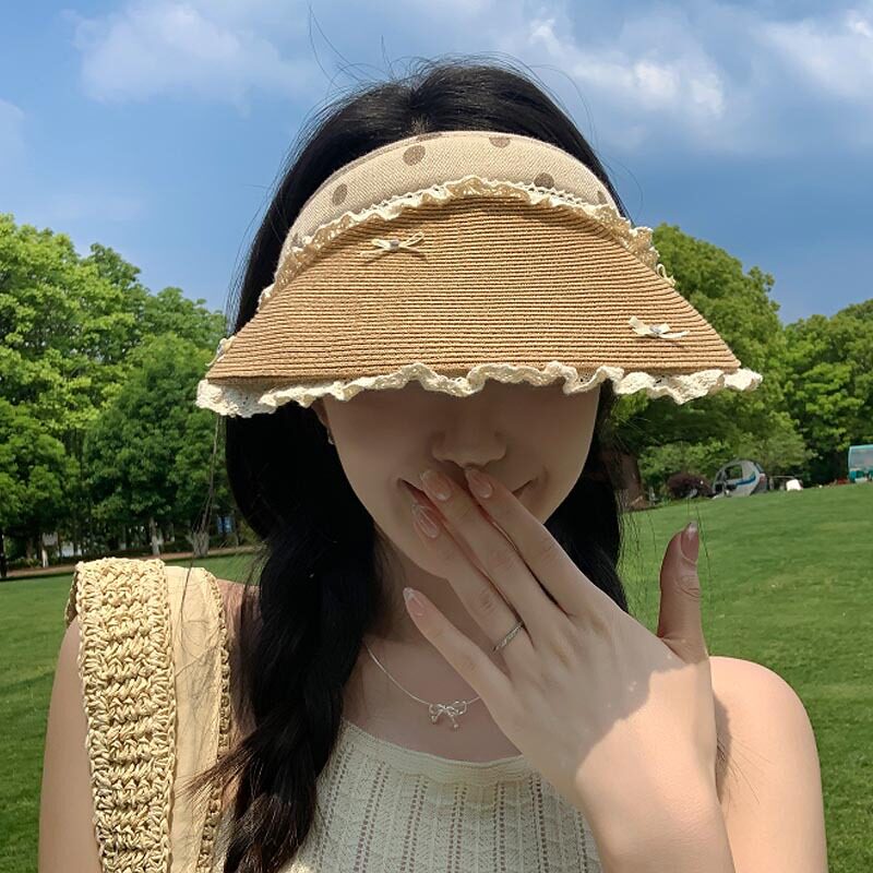 夏季新款蕾丝花边蝴蝶结空顶帽子女款大帽檐遮阳防晒帽海边沙滩帽