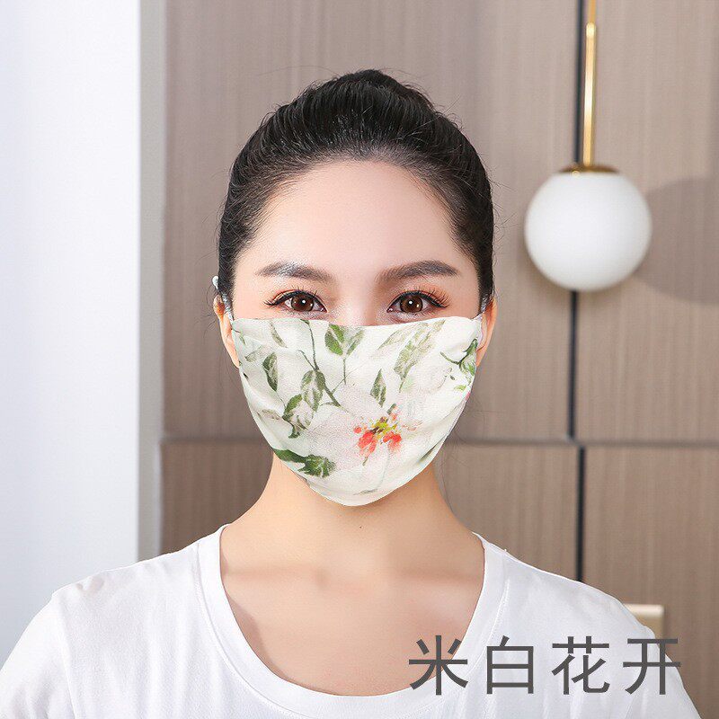 印花真丝口罩桑蚕丝夏季防晒透气可清洗大号乔其纱戴眼镜韩版柳絮