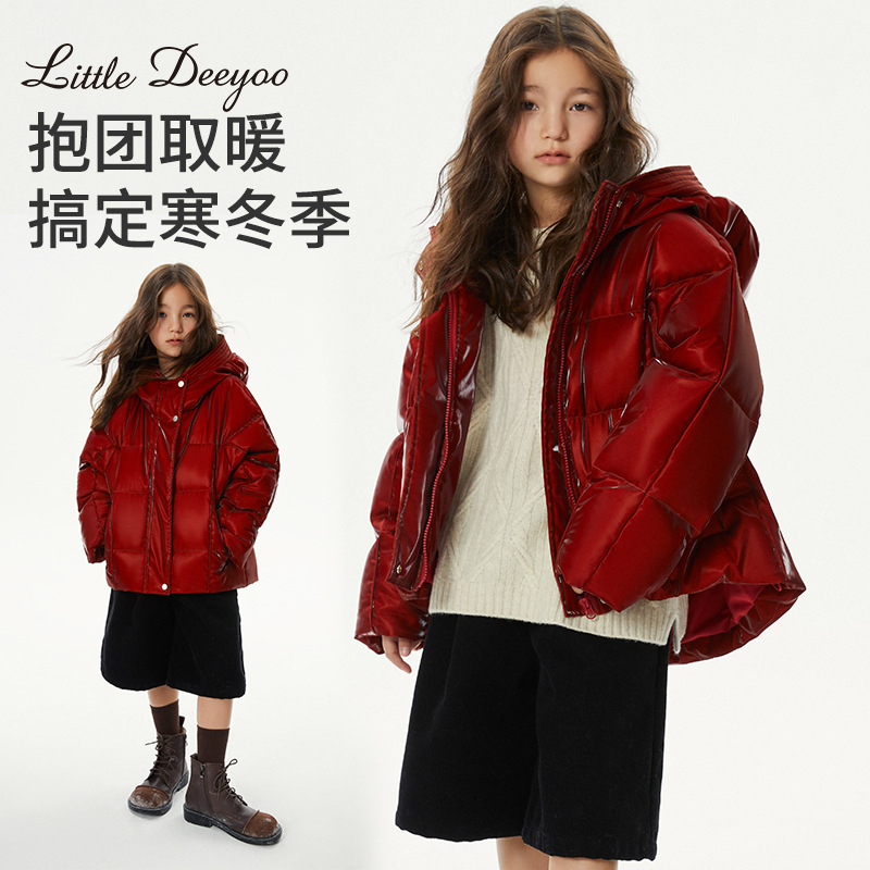 女童免洗亮面羽绒服2025冬季新款洋气加厚红色中大童冬装保暖外套