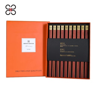 GroovyHouse家用福字筷子中式无漆无蜡公筷长款拼福红檀木筷盒装