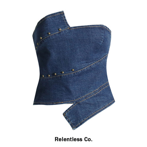 Relentless美式辣妹风不对称修身铆钉短款牛仔抹胸背心上衣女夏季