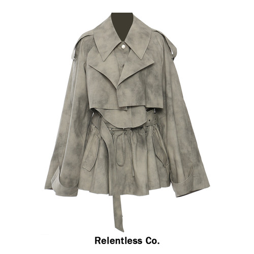 Relentless 做旧款短款风衣外套高腰a字短裙套装春秋