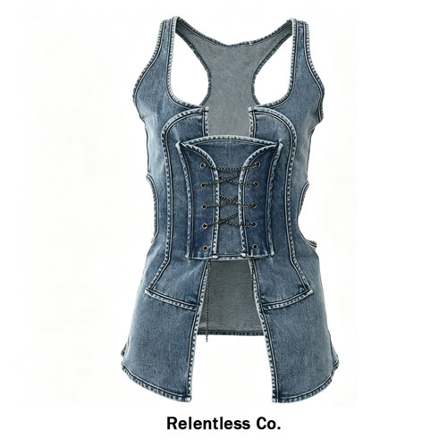 Relentless美式辣妹风镂空绑带修身无袖牛仔上衣女背心外穿潮夏季