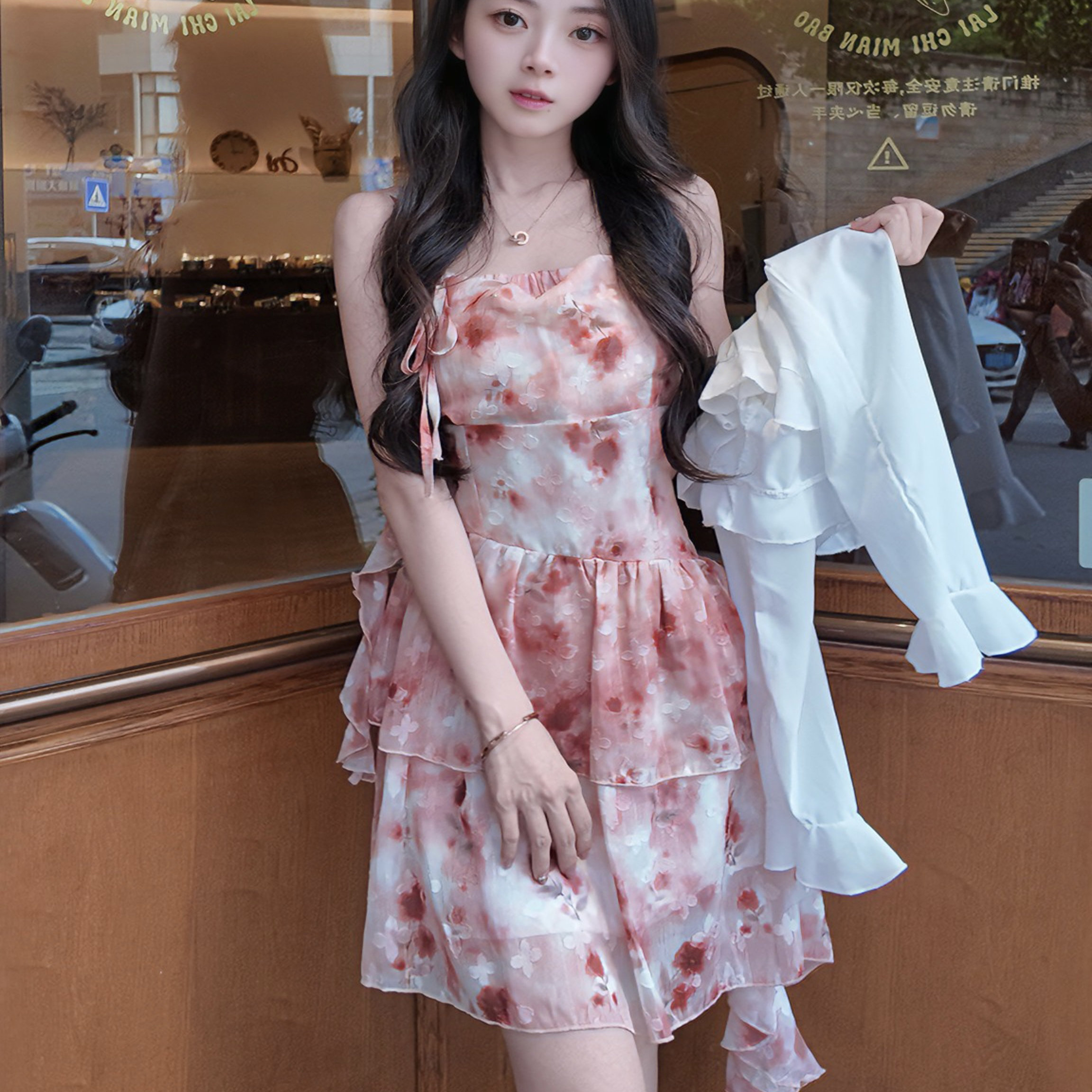2025新款设计感防晒短袖衬衫上衣百搭显瘦碎花吊带连衣裙两件套