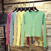 女薄外搭短款 慵懒风坑条V领针织开衫 外穿毛衣外套上衣 新款 春秋季