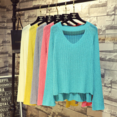 女喇叭袖 ins前短后长挂脖V领针织衫 上衣慵懒宽松毛衣薄 新款 春秋季