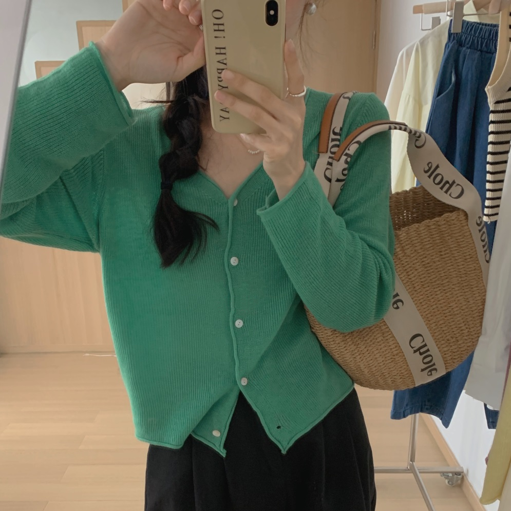 韩系春秋季ins宽松针织开衫女薄款上衣v领防晒外搭长袖空调衫外套