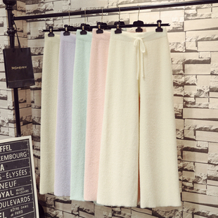 秋冬宽松高腰垂感水貂毛茸茸针织阔腿裤女加绒加厚小个子白色裤子