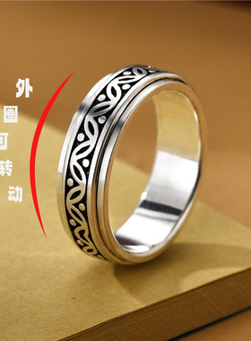 泰银中国风戒指树叶造型纯银可转动复古个性潮旋转闭口解压创意戒