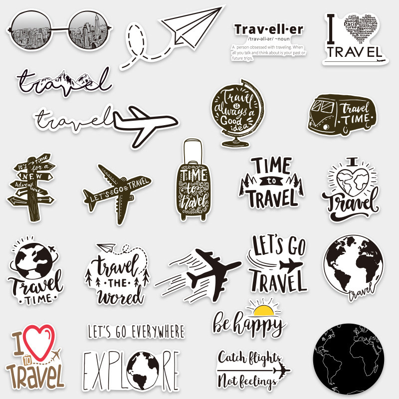 黑白户外旅行英文文字个性创意贴画笔记本电脑手机吉他旅行箱贴纸