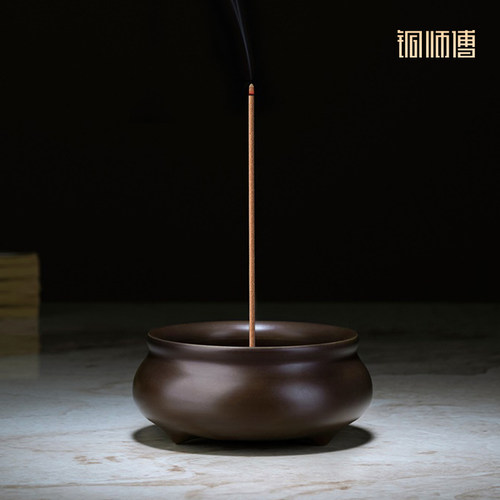 铜师傅中式黄铜三足扁圆香炉摆件