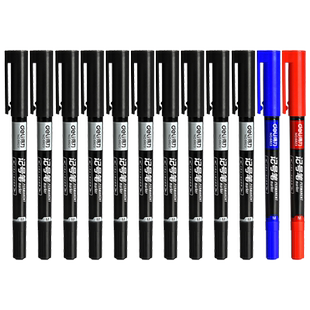 得力勾线笔记号笔防水防油耐掉色粗细双头勾线笔美术10只记号黑色整盒批发小学生油性木工笔工地记号大头笔