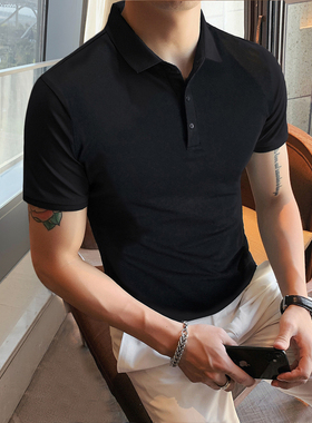 短袖polo衫男简约百搭夏季翻领t恤潮流纯色半袖修身带领黑色体恤