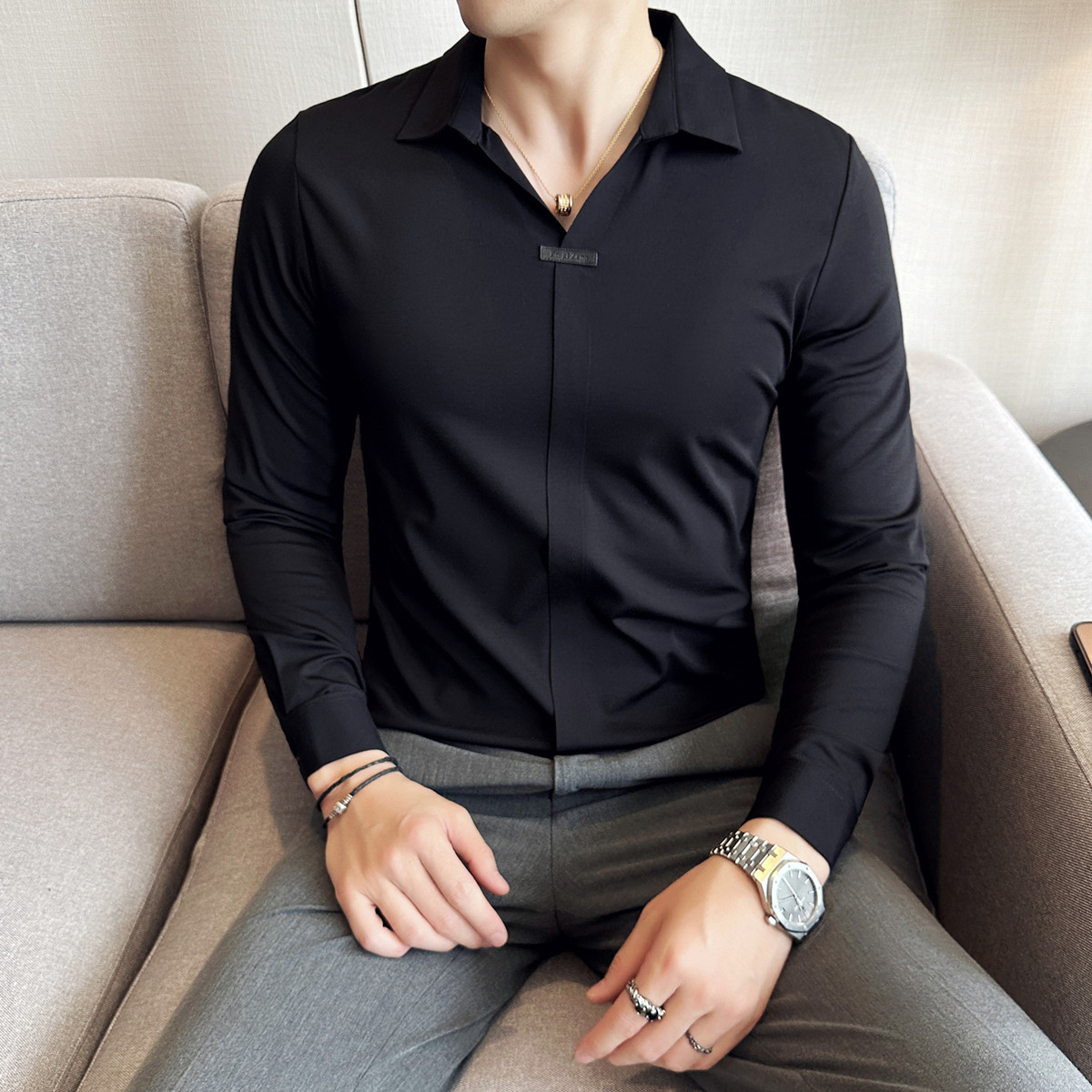 高级感衬衫领长袖t恤男潮流套头体恤时尚修身潮牌外穿翻领polo衫