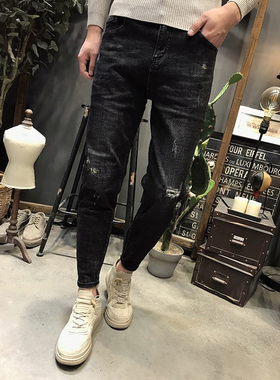 潮男2026春夏黑色牛仔裤男破洞九分裤薄款弹力潮流韩版修身小脚裤