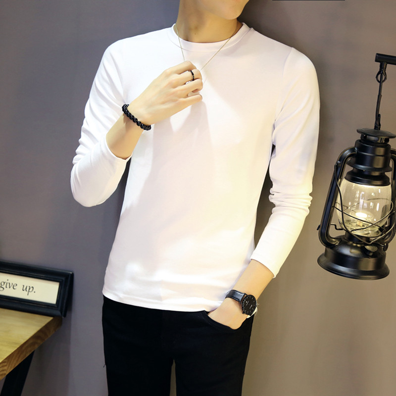 贴身t恤男长袖纯棉圆领体恤弹力内搭潮韩版修身光板纯白色打底衫