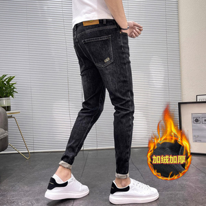 冬季加绒牛仔裤男士潮牌修身小脚潮流刺绣韩版休闲长裤加厚裤子男