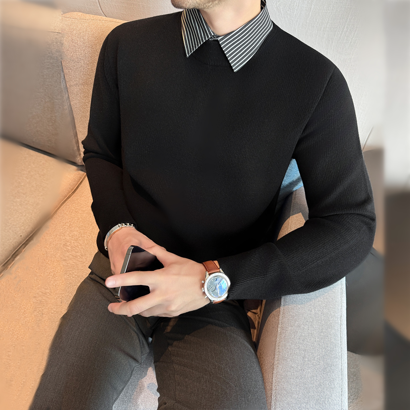 高级感毛衣男衬衫领假两件内搭衬衣领条纹修身打底针织衫带领线衣