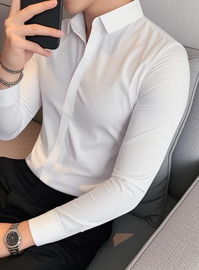 轻奢衬衫男士长袖暗门襟无痕白衬衣免烫抗皱韩版修身寸衫纯白色