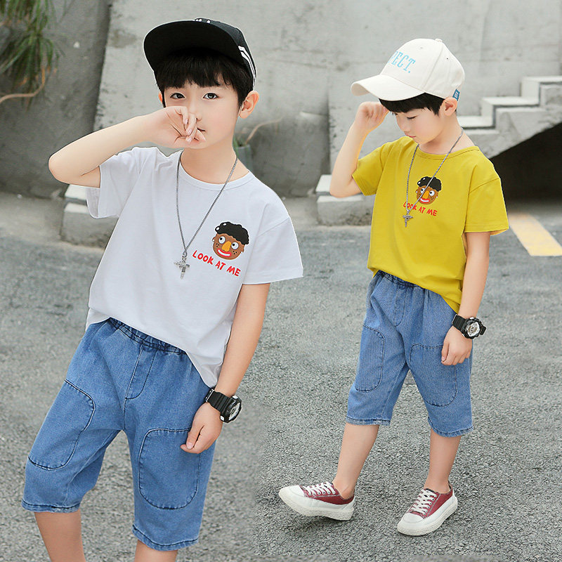 Men and children in summer 2019 Short sleeved T-shirt cowboy Pants Easy leisure time Two piece set Children's clothing 100~160 Positive yardsin the Children/Baby/Family fitted , Set  category - from Buy2taobao.com to provide professional Taobao agent buy service