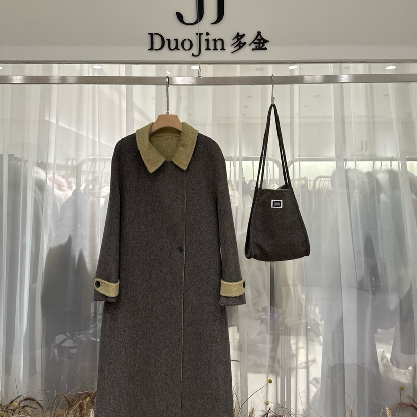 繁花冬上新复古风翻领长款大衣(配包包)865-2512