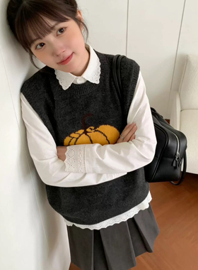 繁花早春韩版时尚圆领卡通针织马甲+宽松白色衬衫套装YS9-94331