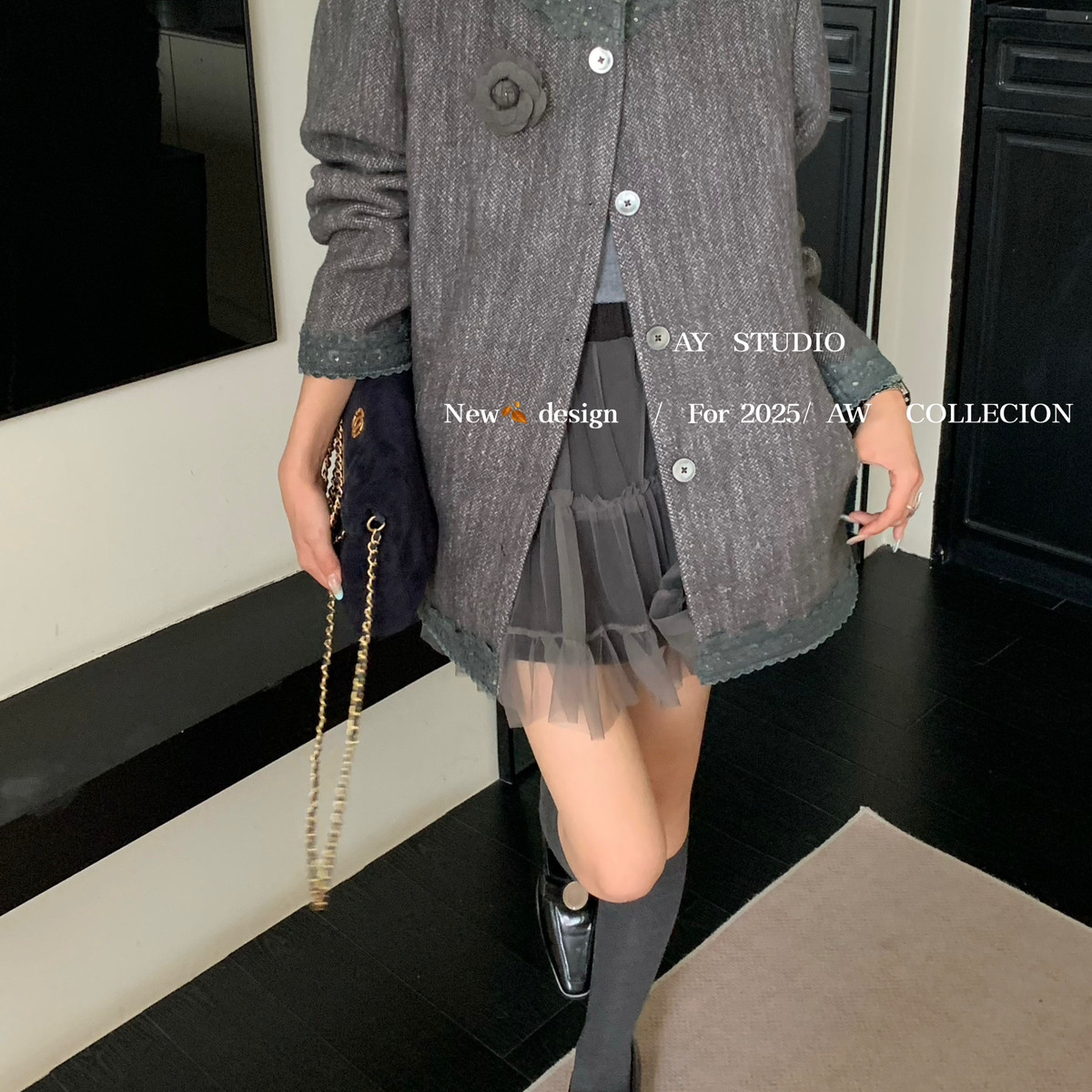 繁花淑女气质羊毛呢料定制花边拼接保暖羽绒服外套AW88553