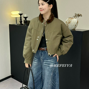 繁花家复古工装 风毛领拼接夹克保暖羽绒服外套KFY5326