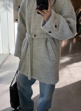 繁花东大门遮风保暖厚实立领系带插肩外套大衣(配腰绳)12186