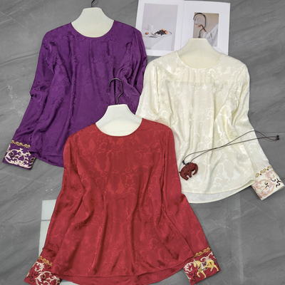 繁花设计丝人丝混纺钉珠绣口上衣中国红小衫（含15真丝）YS3-t273