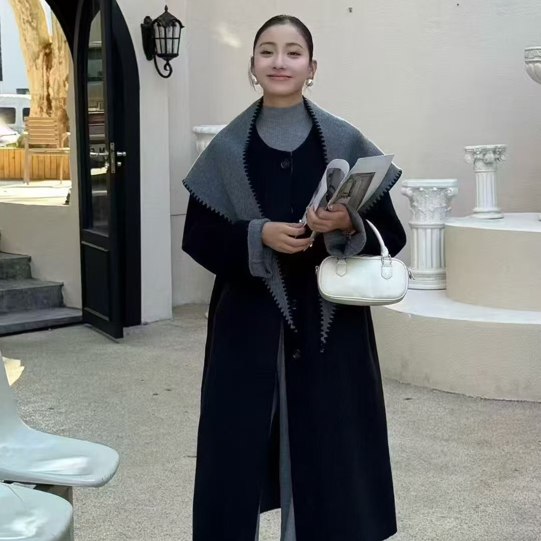 繁花简风设计长款气质羊毛外套(配披肩)（含100澳毛）5021-22