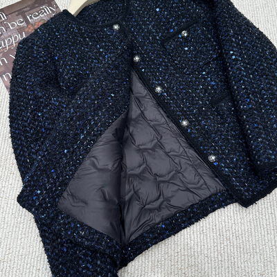 繁花贵优雅风蓝黑鹅绒小香外套～炒好看羽绒服(含90鹅绒)4389901