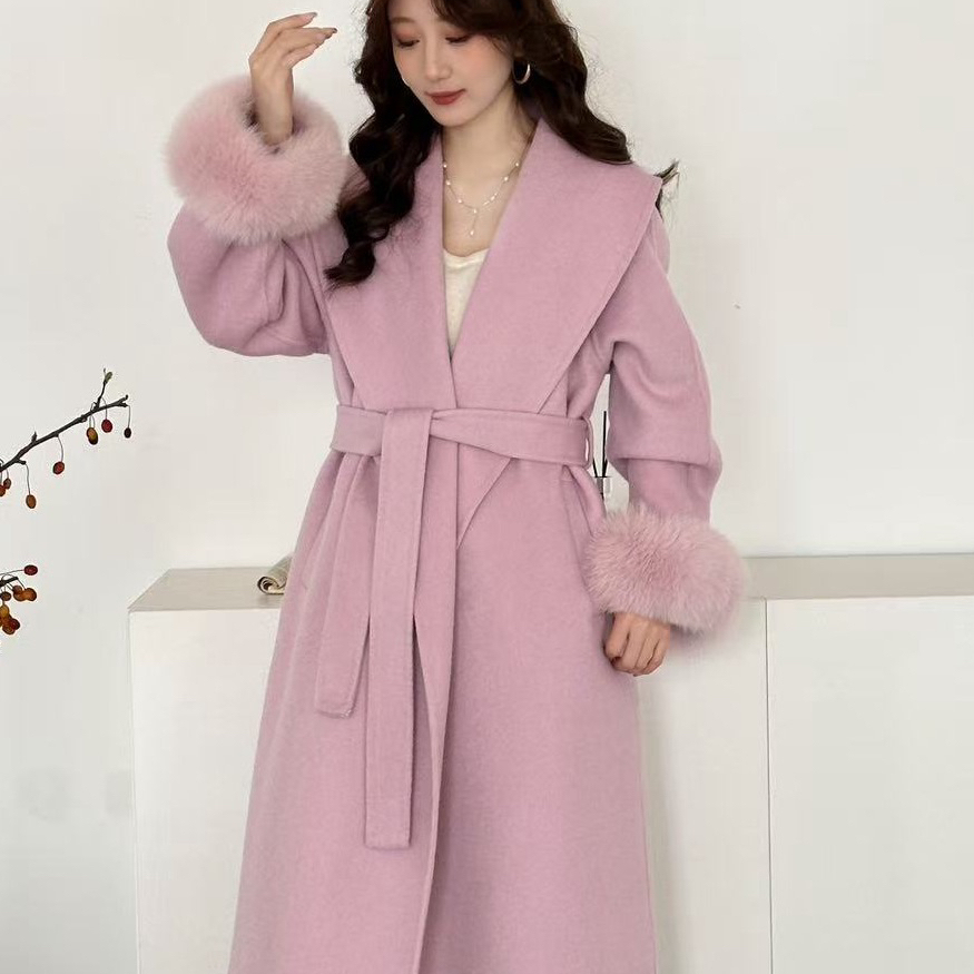 繁花小众风羊毛外套(配可拆卸狐狸毛袖,腰带)（含100羊毛）ZH16