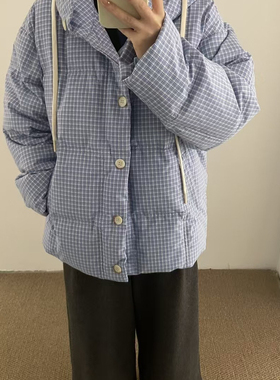 繁花小众连帽单排扣时尚格纹系带休闲保暖羽绒服外套I07008