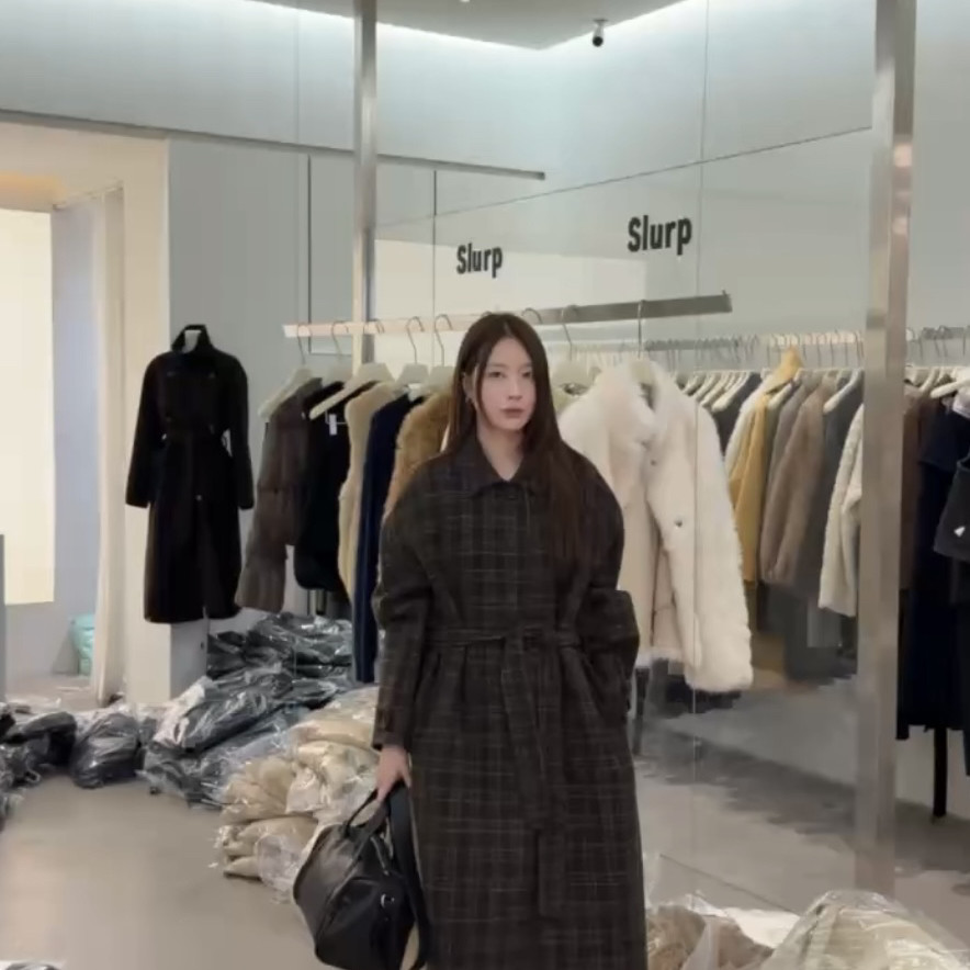 繁花纹翻领宽松长款羊毛外套(配腰带)（含70羊毛）slurp-6018