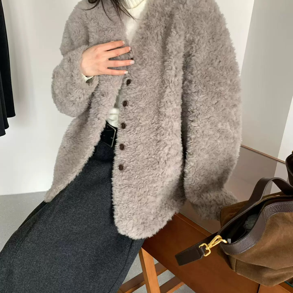 繁花家娜美法式复古毛绒排扣宽松羊毛外套（含100羊毛）YS1-26736