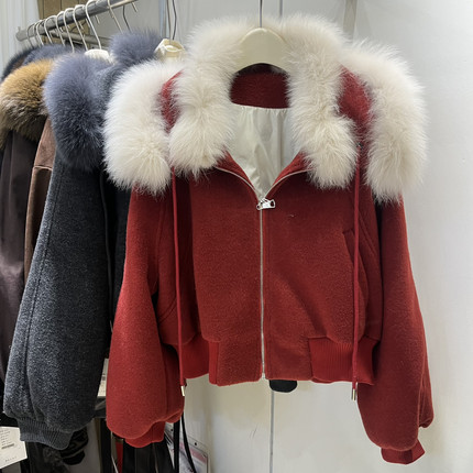 繁花松时尚拉链系带休闲保暖羽绒服外套(配可拆真狐狸毛领)5566-1