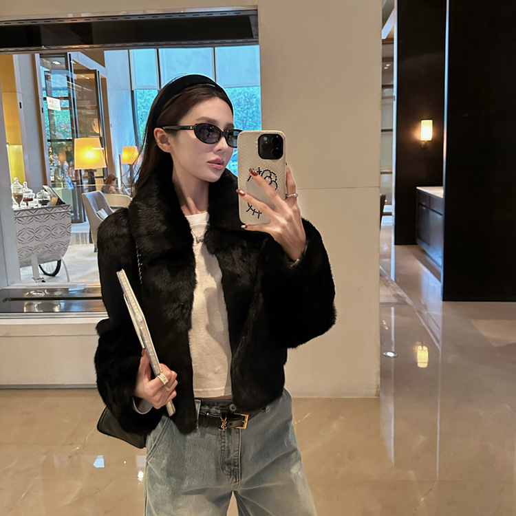 繁花矜贵雷克斯真兔毛黑色幽默保暖皮草外套（含100兔毛）S1017-1