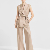 繁花酵洗亚麻气质收腰系带马甲 40690 配腰绳 阔腿直筒西裤 套装