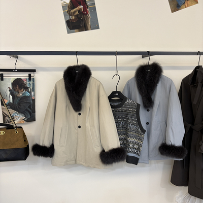 繁花尚百搭单排扣休闲保暖羽绒服外套(配可拆真狐狸毛领)M8808