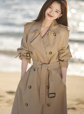 繁花慵懒风简约翻领气质中长款大衣外套风衣(配腰带)A79609