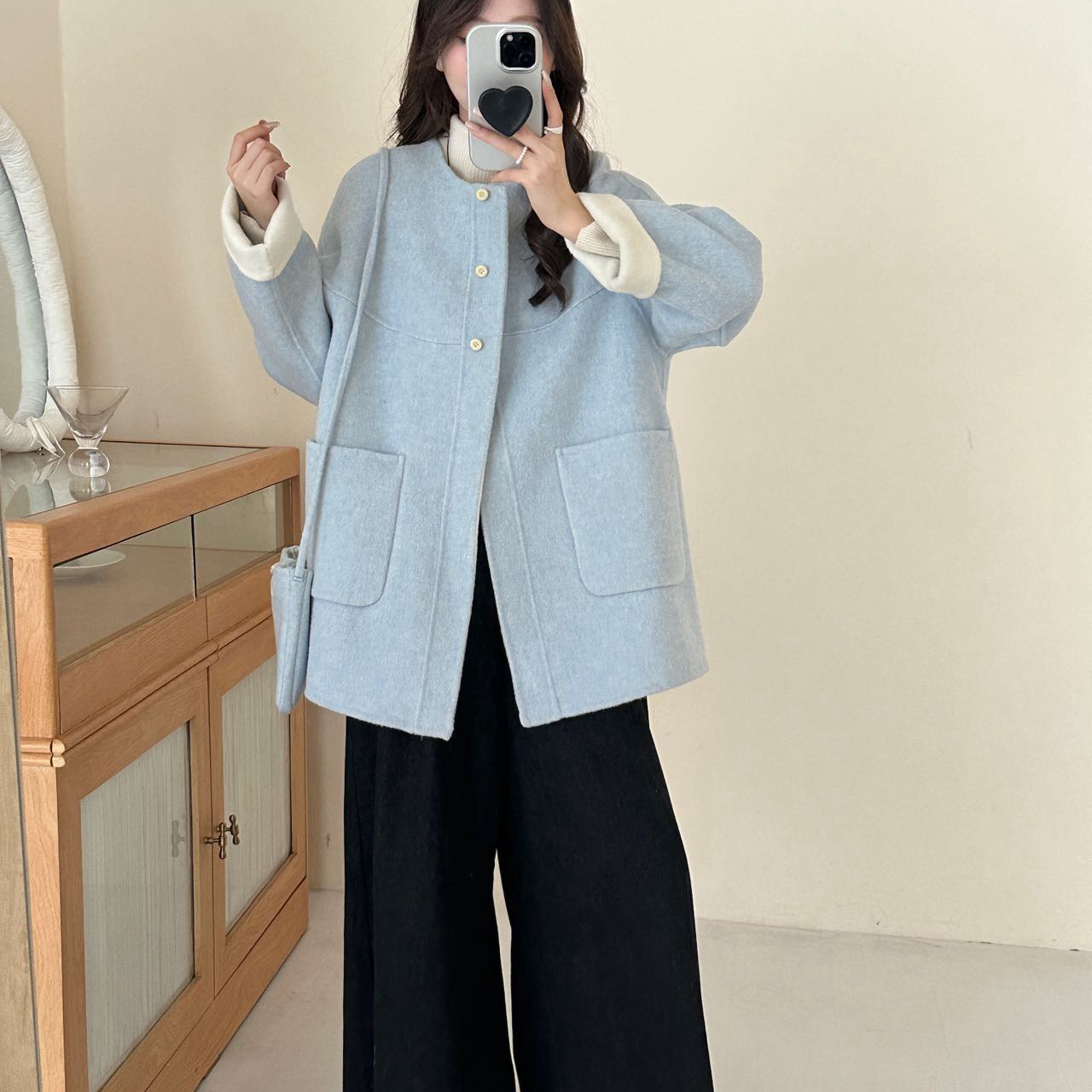 繁花系带包款羊毛呢大衣外套羊毛外套(配包包)（含100羊毛）8755