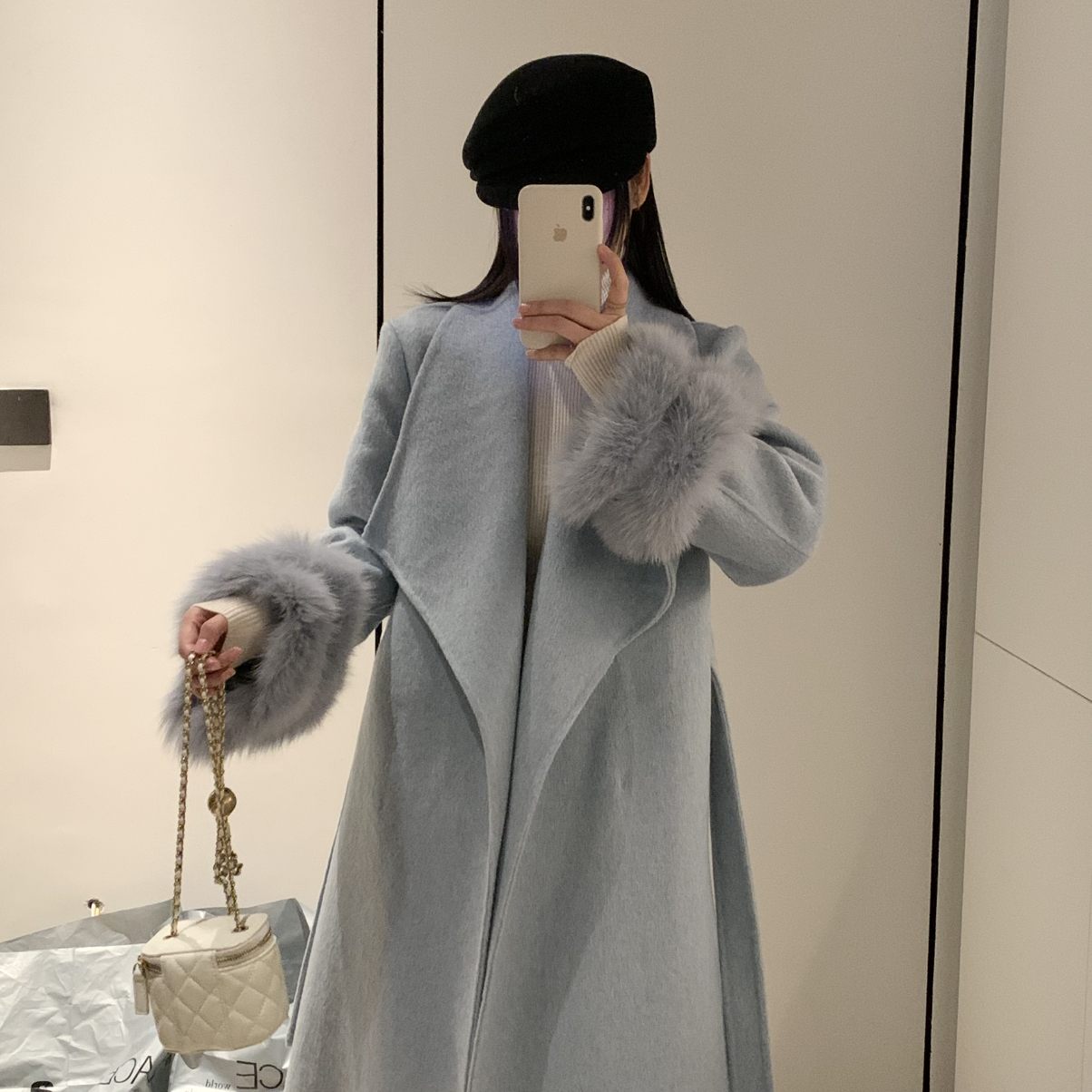 繁花版显瘦羊毛外套(配腰绳,真狐狸毛袖套)（含100澳毛）110310W1