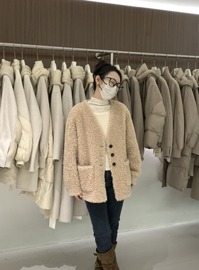 繁花家韩系宽松百搭V领羊毛外套（含100澳毛）2521